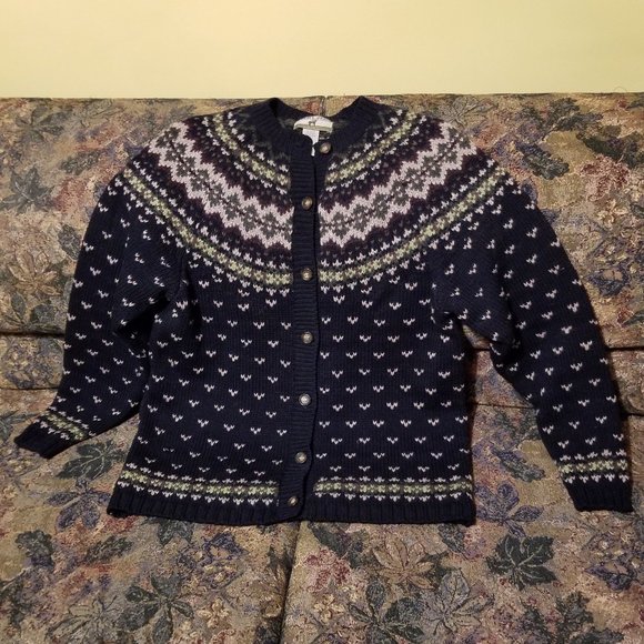 Fair Isle navy-black/beige/green wool cardigan M, (L), Point Zero Nicole Benisti - Picture 1 of 11